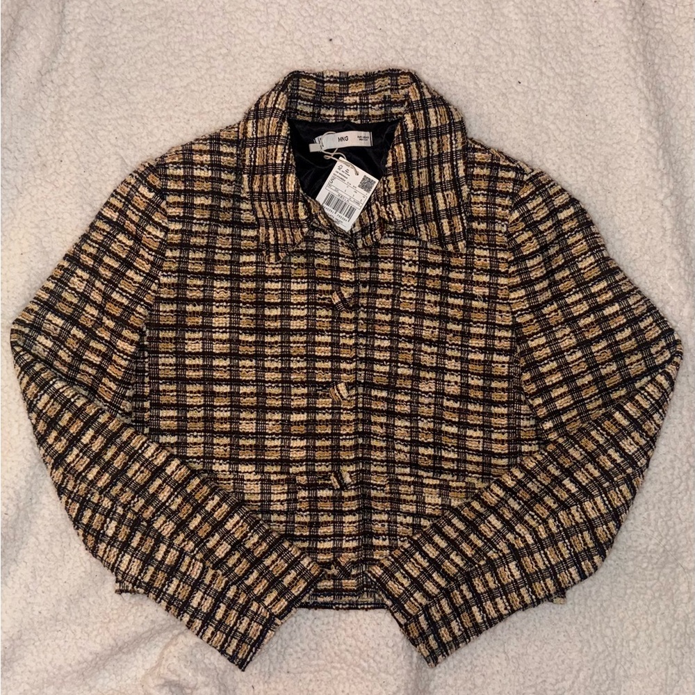 Mango Plaid Tweed Cropped Jacket - Yellow, Brown, & Black